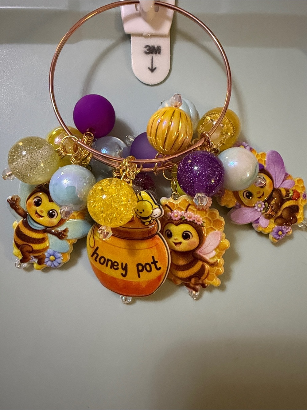 Honey Pot Bee Charm Bangle Bracelet - Purple and Yellow